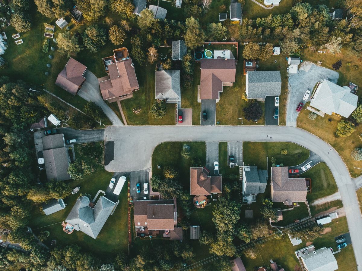 Aerial view of a residential neighborhood's rooftops